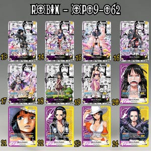 K&ouml;nnte beinhalten: Eine Sammlung von zw&ouml;lf One Piece-Sammelkarten, die den Charakter Nico Robin in verschiedenen Outfits und Posen zeigen, beschriftet mit ROBIN - OP09-062. Jede Karte zeigt eine St&auml;rke von 5000 und enth&auml;lt detaillierte Charakterillustrationen.