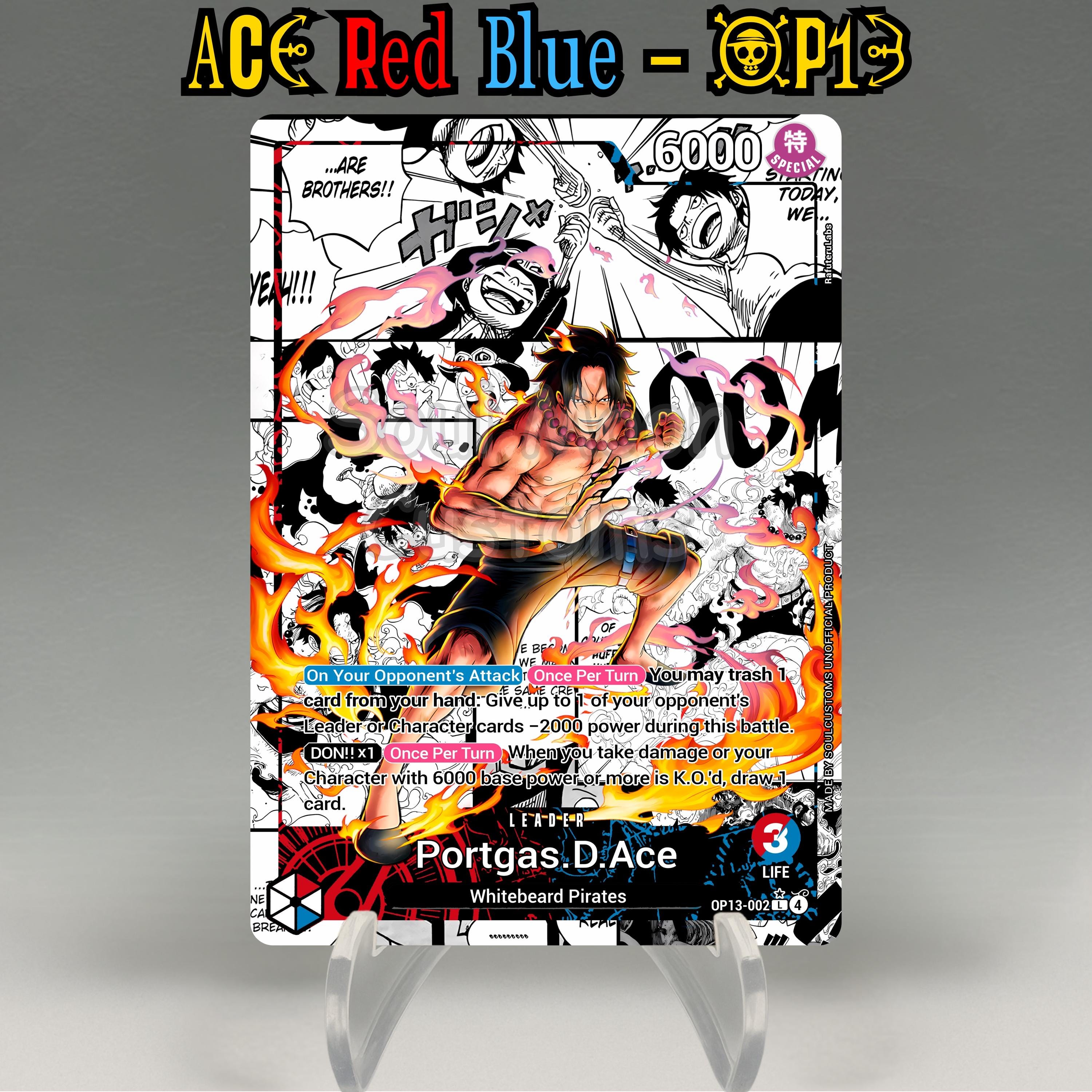 One Piece Proxy, Ace Leader OP13 (red/blue) Holographic TCG Card