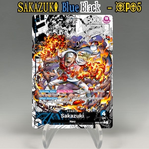 One Piece Proxy, Sakazuki Leader (Blue/Black) Holographic TCG Card, Custom Alt Art Handmade Work, S33 German Black Core 330GSM, Shop Back