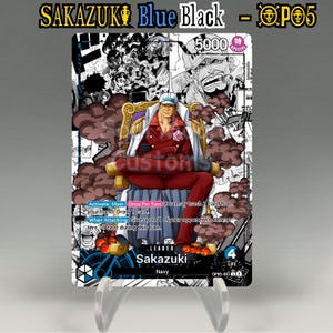 One Piece Proxy, Sakazuki Leader (Blue/Black) Holographic TCG Card, Custom Alt Art Handmade Work, S33 German Black Core 330GSM, Shop Back