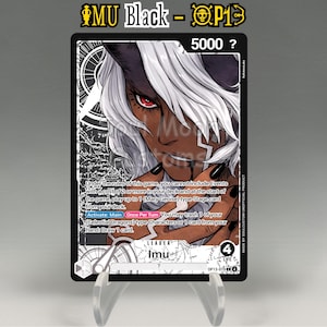 May include: A trading card featuring a character with white hair, black horns, and red eyes. The card has text in English, including "Imu" and "5000 ?". The card is displayed on a clear stand.