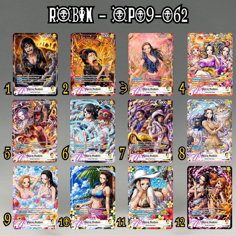 K&ouml;nnte beinhalten: Eine Sammlung von zw&ouml;lf One Piece-Sammelkarten mit Nico Robin in verschiedenen k&uuml;nstlerischen Illustrationen. Jede Karte zeigt ein Kraftlevel von 5000, den Namen Nico Robin und einzigartige, farbenfrohe Anime-Illustrationen, nummeriert von eins bis zw&ouml;lf.