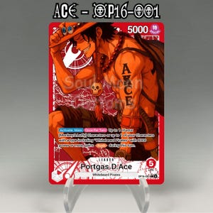 Op de afbeelding: Een rode en witte ruilkaart met een karakterillustratie. De kaart toont de naam "Portgas D. Ace" en de tekst "Whitebeard Pirates". De kaart heeft ook de tekst "ACE" en "5000 SPECIAL."
