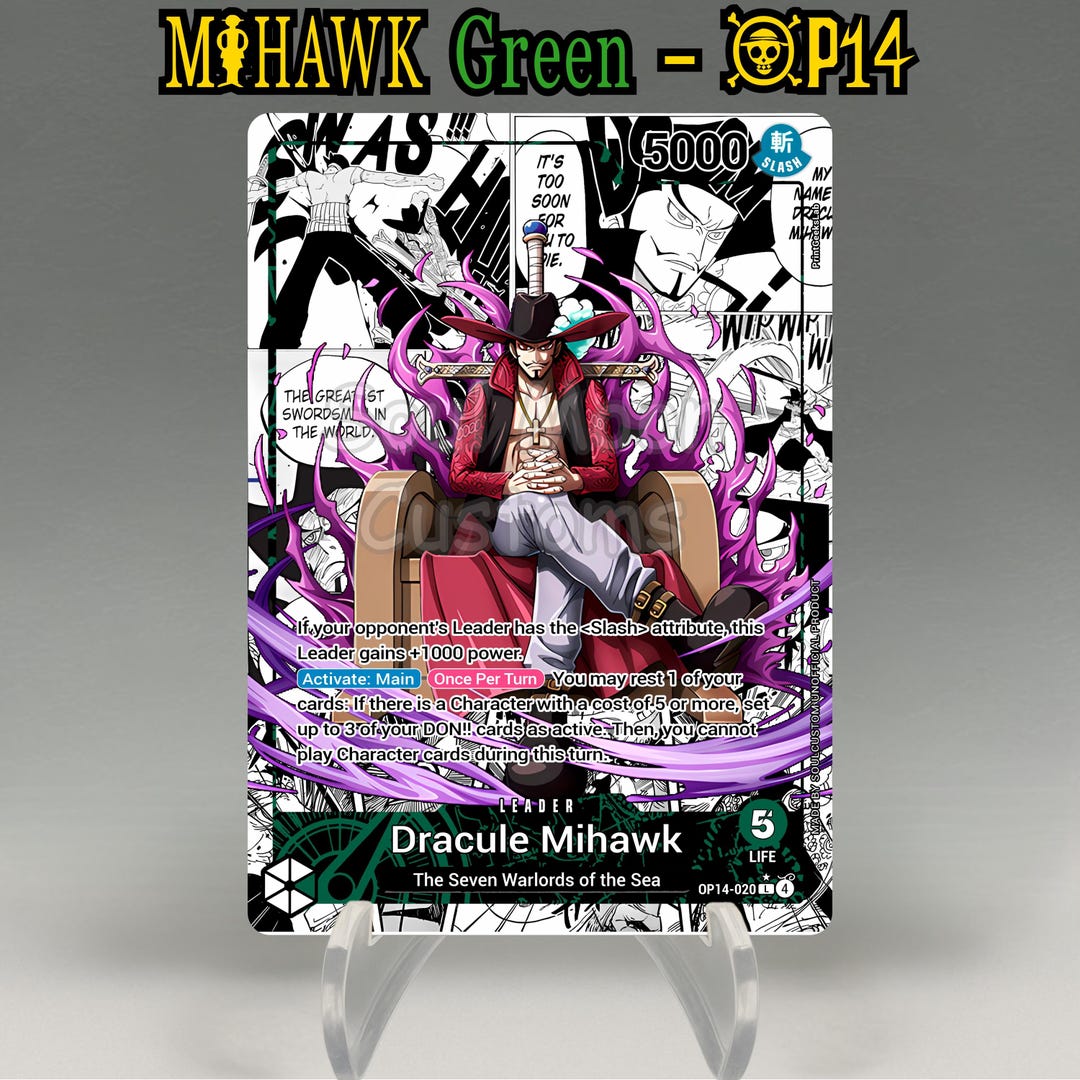One Piece Proxy, OP14 Mihawk Leader (green), Fullcolor & Artistic Full ...