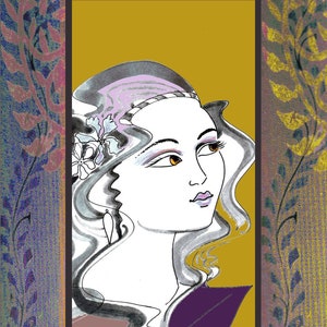 Arte, ilustración, dibujo de líneas, diosa, verso de Bhagavad Gita, mensaje inspirador, tonos neutros