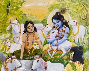 Krishna and Balaram with the cows in Vrndavana. syamarts devotional wall art springtime in nature Prints available