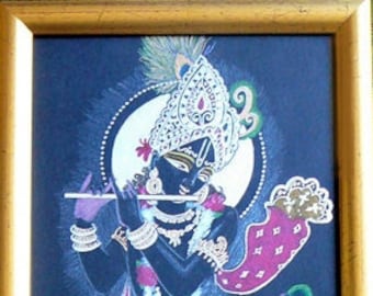 The flute player with lotus, Krishna prints from original drawing. Crayon and gold on black