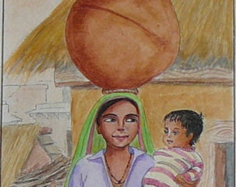 original watercolor painting Indian village woman and children, ethnic india