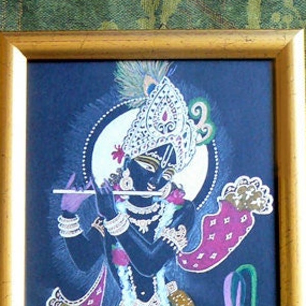 The flute player with lotus, Krishna prints from original drawing. Crayon and gold on black