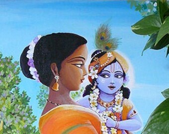 acrylic painting print, devotional art, mother and child, Krishna Yasoda, India, sacred spaces, meditation, unique gift