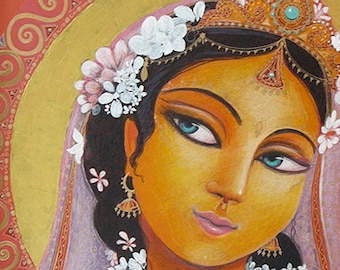 Radha divine Goddess art, devotional art, drawing, Radharani, feminine beauty archival art print,Krsna's beloved gopi molten gold syamarts