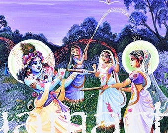 Krishna Full moon Holy festival original painting by Syam marquez purple Krishna Radha Vrindavana canvas prints