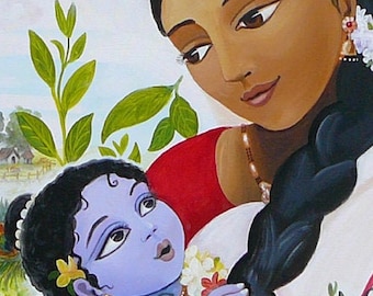 Krishna Yasoda Malerei, Indien, Wandkunst, original Kunst, Mutter und Kind, Archivdruck, Meditationsräume, Tempelräume, Malerei.
