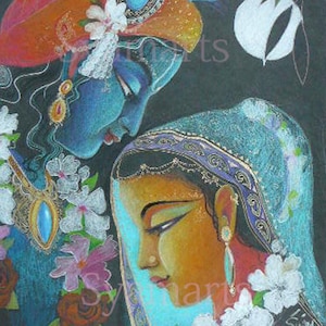 クリシュナ・ラダの神聖な愛のオリジナル絵、満月の夜、シャマートの壁アート、アートカードやプリントとしても入手可能