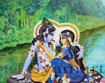Radha Krishna by Yamuna river Divine couple syamarts eternal love krsna archival prints canvas prints greeting cards mini canvas available,