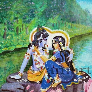 Radha Krishna by Yamuna river Divine couple syamarts eternal love krsna archival prints canvas prints greeting cards mini canvas available, image 1