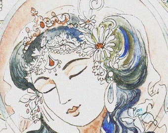 Radha goddess art illustration line drawing wall art syamarts painting She hears music archival art print Krishna s love