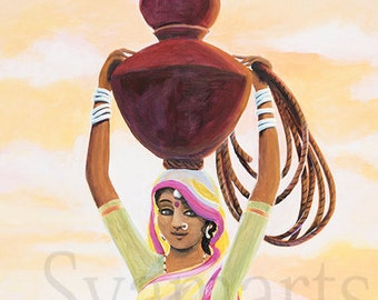 village girl with waterpot original painting  syamarts  prints available saffron skies natural landscape vrindavana india gopi sunrise