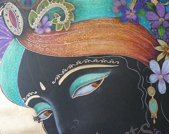 Krishna drawing Lord of love black gold devotional drawing portrait Syamarts spiritual art flute player Canvas prints custom art on request