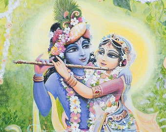 Radha Krishna devotional art  Divine couple Syam Marquez Gods Goddess acrylic painting gift for couples lime Green summer in nature