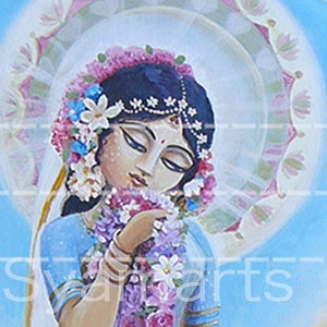 original painting Syamarts goddess art princess Rukmini with flowers peacocks devotional art on canvas prints available blues pinks