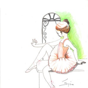 Original pen drawing with watercolor..The little ballerina in Italy, ballet art, ballerina, girl in tutu, painting, ink sketch image 1