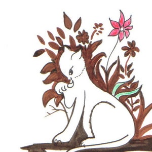 Original drawing, ACEO,lucky cat, cat and flowers, tan white black, original art, cat art, syamarts, line drawing,sketch, ink drawing, art image 1