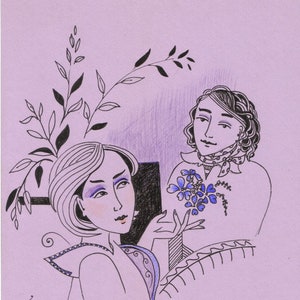 Paris Pluma y tinta originales.. línea moderna lila dibujo arte romance amor propuesta pareja matrimonio lila impresiones arte tarjetas xilografías syamarts