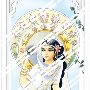 May include: A watercolor painting of a woman in a white sari, holding a peacock feather. She is sitting on a balcony with a view of a blue sky and white clouds. The painting is signed "Syam 04 Marque".