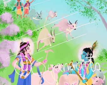 Krishna and cows Art Balaram Vrindavan nursery temples pastels happy art kids rooms cows animal love spiritual world syamarts