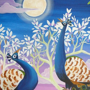 Original painting on canvas,or print any size The peacocks art, tree art, sunset, India, travel art, blues, mauves white tree Ganga Syamarts image 4