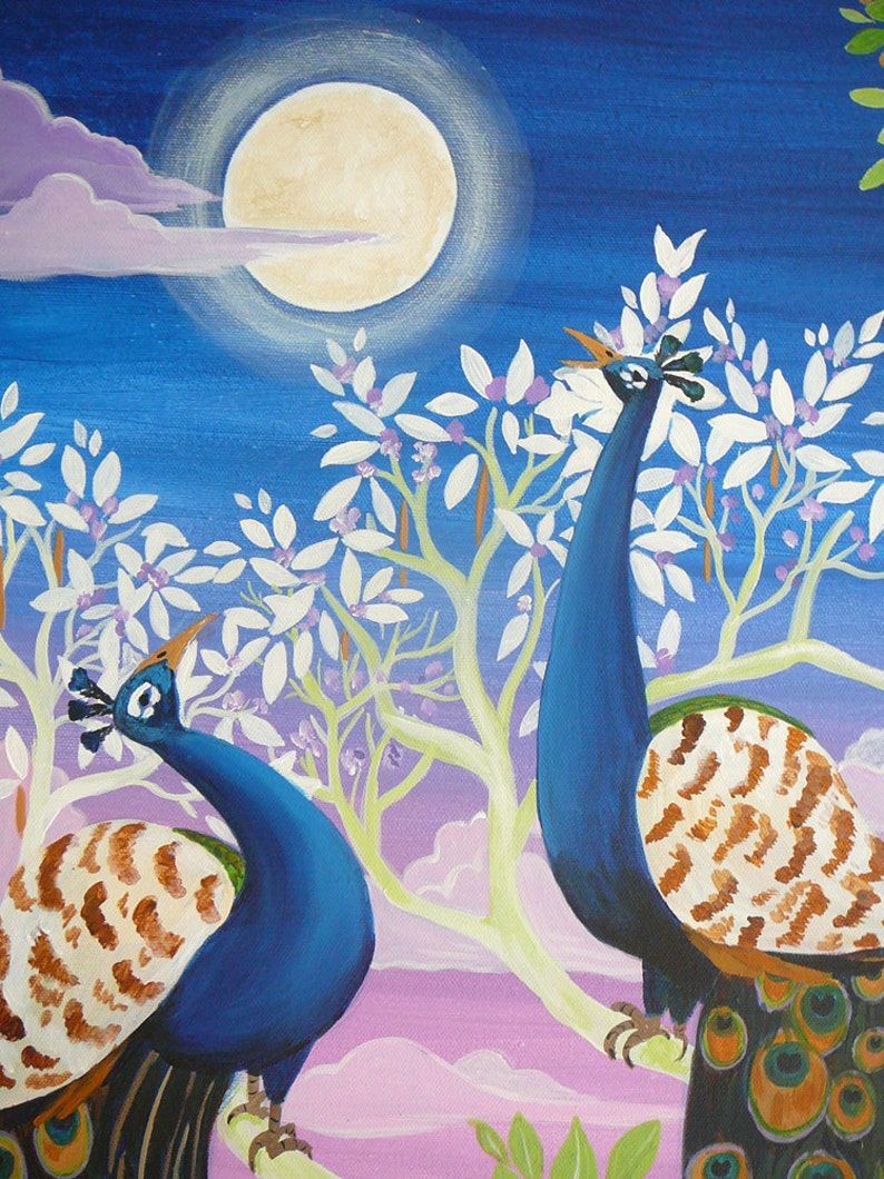 Original painting on canvas,or print any size The peacocks art, tree art, sunset, India, travel art, blues, mauves white tree Ganga Syamarts image 4