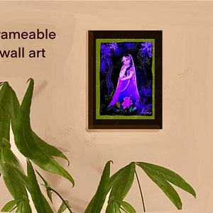 Puede incluir: Una pintura enmarcada de una mujer con un vestido y velo morados de pie en un bosque. La pintura est&aacute; sobre un fondo negro con acentos verdes y morados. El texto "Frameable wall art" es visible sobre la pintura.