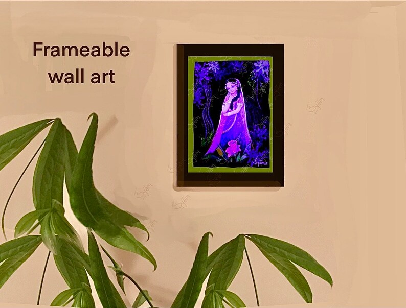 Puede incluir: Una pintura enmarcada de una mujer con un vestido y velo morados de pie en un bosque. La pintura est&aacute; sobre un fondo negro con acentos verdes y morados. El texto "Frameable wall art" es visible sobre la pintura.