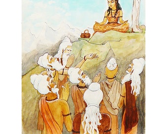 Parvati and Sages Watercolour Painting, Mystic India Art (Print or Mini Canvas)