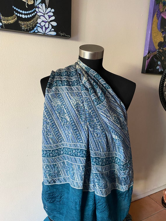 vintage silk sari blue grey floral stripes - image 2