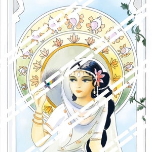 May include: A woman in a white dress with a peacock feather in her hand. She is wearing a pearl necklace and a flower in her hair. The background is a colorful mandala design.