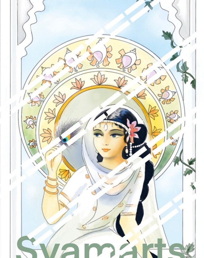 May include: A woman in a white dress with a peacock feather in her hand. She is wearing a pearl necklace and a flower in her hair. The background is a colorful mandala design.