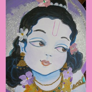 Das Herz Dieb Porträt süß Balaram Wandkunst Malerei Mischtechnik Kind Amor große Lotus Augen Art print Krishnas Bruder