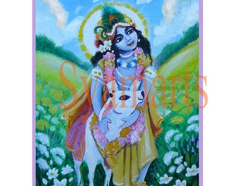 Gopal loves cows, home altar supplies childrens rooms nursery wall art Krishna India original painting Syamarts baby boy Krsna