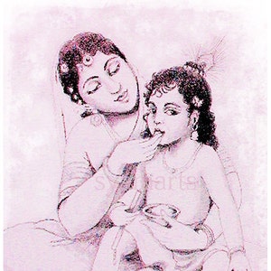 mãe filho Krishna e Yasoda madonna syamarts chás de bebê maternidade desenho a lápis original, estampas disponíveis