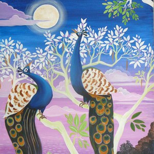Original painting on canvas,or print any size The peacocks art, tree art, sunset, India, travel art, blues, mauves white tree Ganga Syamarts image 1