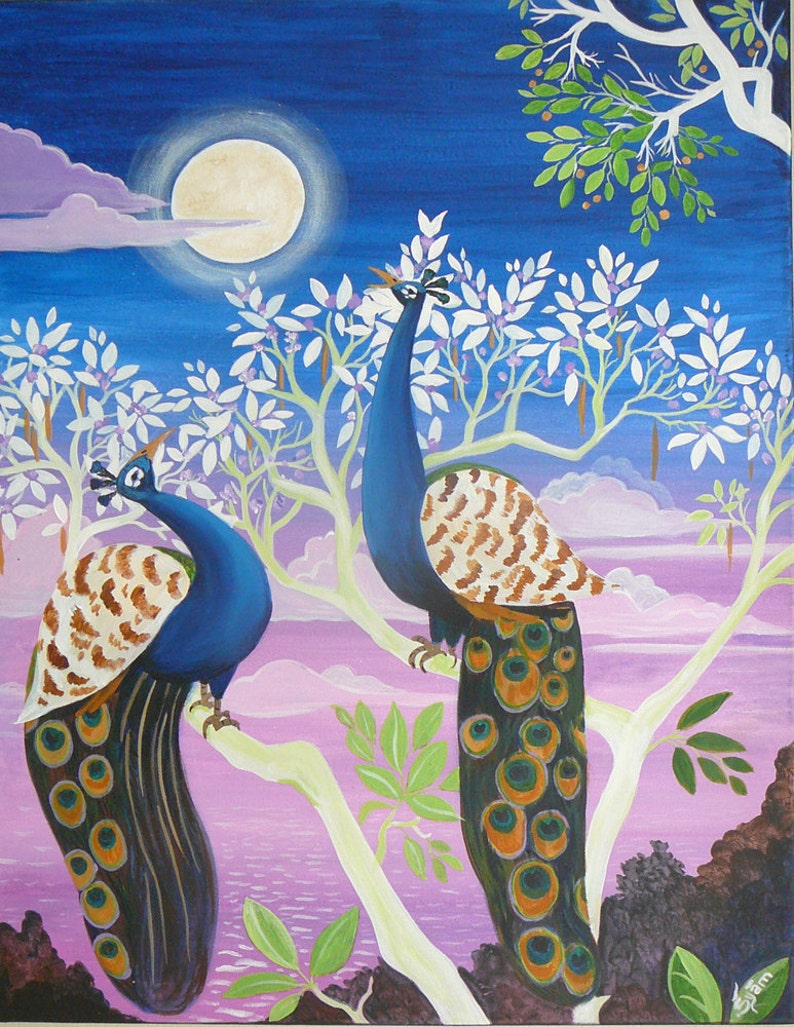 Original painting on canvas,or print any size The peacocks art, tree art, sunset, India, travel art, blues, mauves white tree Ganga Syamarts image 1