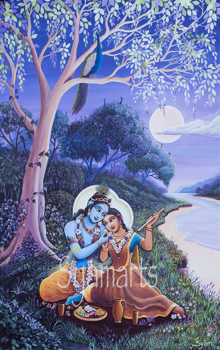 Vollmond in mauve lila Radha Krishna Göttliches Paar Fluss Yamuna Syamarts göttliche Romanze Bhakti Devotionalie, Jahrestag Geschenk Hochzeitsgeschenk