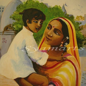 Original acrylique Peinture estampes disponibles indian village femme enfants rustiques syamarts ethniques cartes de vœux rurales blocs de bois