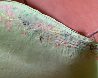 Vintage hand embroidered sheer pure cotton saree in soft lime green