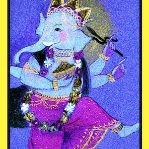 May include: A colorful illustration of the Hindu deity Ganesha, depicted with an elephant head, multiple arms, and a crown. He is wearing a purple and gold garment and holding a variety of objects, including a bowl and a hook.