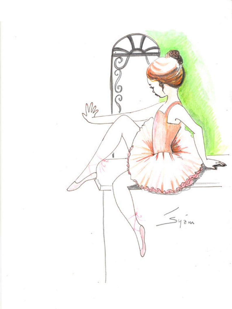 Original pen drawing with watercolor..The little ballerina in Italy, ballet art, ballerina, girl in tutu, painting, ink sketch image 4