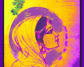 archival art print, love is calling, wall decor, line drawing, Radha, indian art, woman, neon, modern