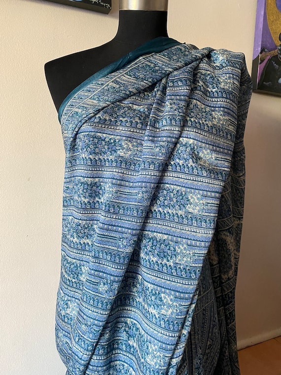 vintage silk sari blue grey floral stripes - image 1